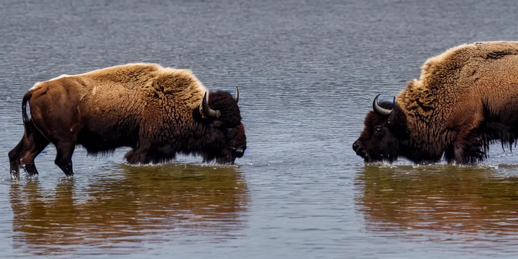 Image similar to bison and wolves swimming in grand prismatic spring