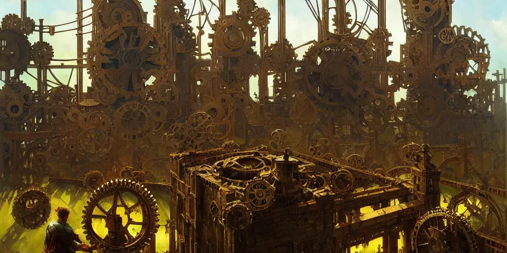 Prompt: giant interlocked gears cogs clockwork, giant mechanisms, industry, villages castles, buildings vista artstation illustration sharp focus sunlit vista painted by ruan jia raymond swanland lawrence alma tadema zdzislaw beksinski norman rockwell tom lovell alex malveda greg staples