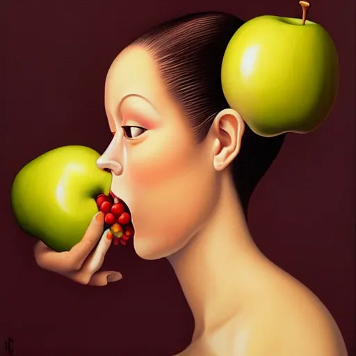 Image similar to a painting of a woman with an apple in her mouth, an ultrafine detailed painting by rafal olbinski, behance contest winner, pop surrealism, detailed painting, skeuomorphic, airbrush art