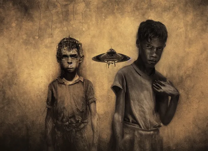 Image similar to A poor child in the Great Depression being visited by aliens, digital art, 4K, highly detailed