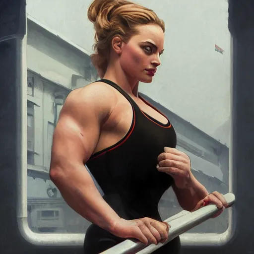 Prompt: socialist realism propaganda poster of margot robbie as beautiful female weightlifter from overwatch, portrait, profile picture, socialist realism, highly detailed, intricate, digital painting, artstation, sharp focus, illustration, art by jakub rozalski, greg rutkowski, artgerm, tan zi and ayanamikodon and alphonse mucha and wlop