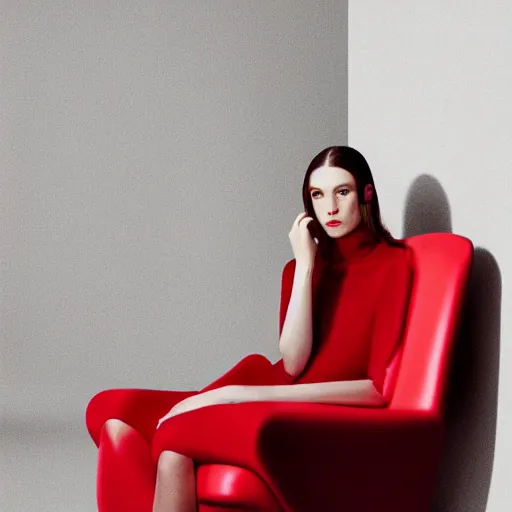 Prompt: fashion model on red chair, official jil sander editorial