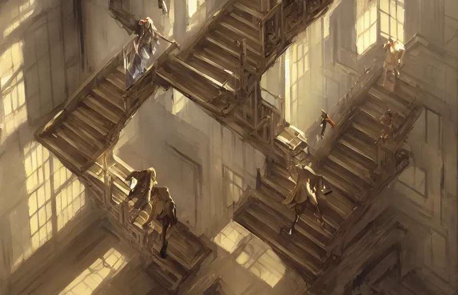 Image similar to greg manchess concept art of a the escher stairs dimension, key visual, ambient lighting, highly detailed, digital painting, artstation, concept art, sharp focus, by makoto shinkai and akihiko yoshida and hidari and wlop and greg rutkowski