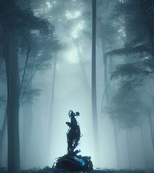 Prompt: daydreaming of the maiden in the cyberpunk forest by maciej kuciara, octane render, fog, volumetric lighting, hyperealistic, epic, masterpiece, majestic