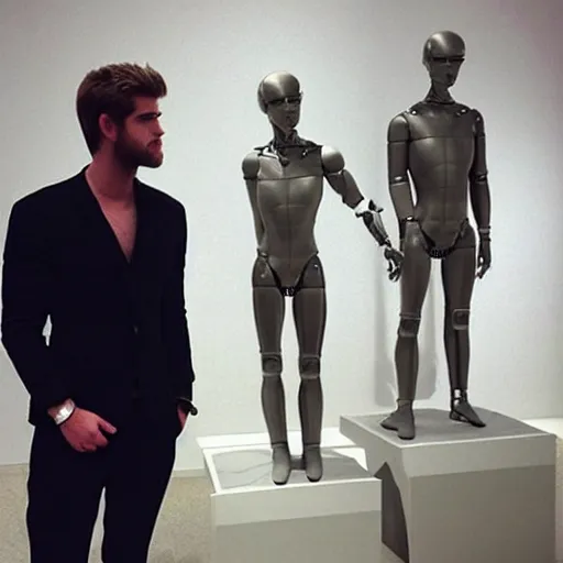 Image similar to “ a realistic detailed photo of a guy who is an attractive humanoid who is half robot and half humanoid, who is a male android, actor liam hemsworth, shiny skin, posing like a statue, blank stare, at the museum, on display ”