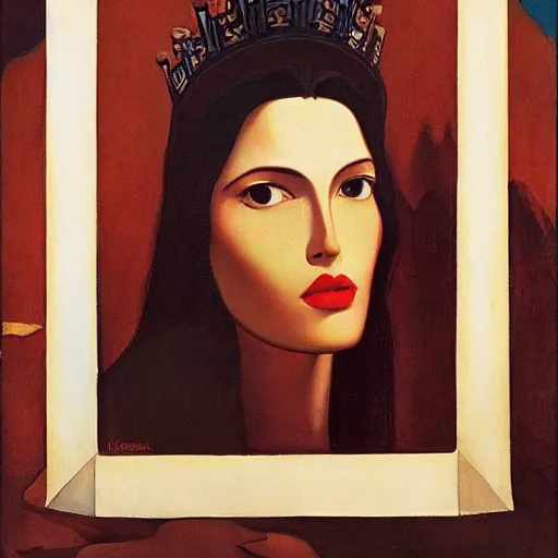 Image similar to a naturalist beautiful beautiful gorgeous vintage painting of a portrait of a queen with dark hair by nicholas roerich by gustave moreau, by eyvind earle by bruce pennington by georgia o keeffe, blood, skin reflective metallic