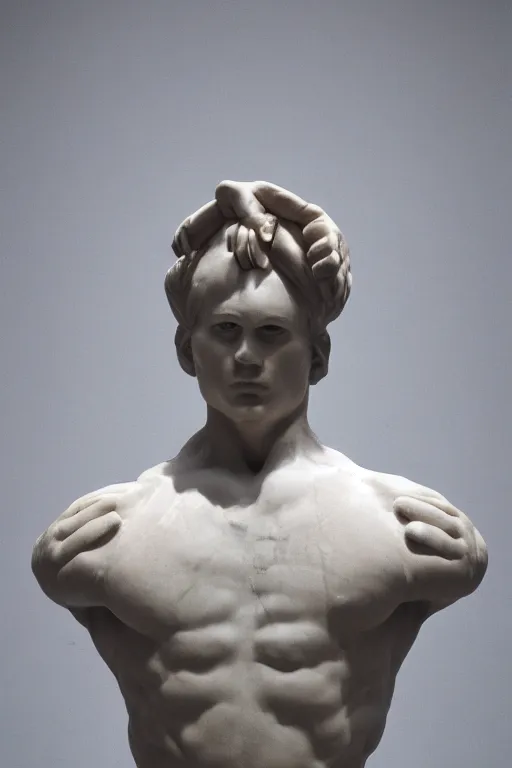 Image similar to marble sculpture of man in Adidas jacket sportswear, intricate sculpture, hands behind back, chiseled muscles, godlike, museum photo