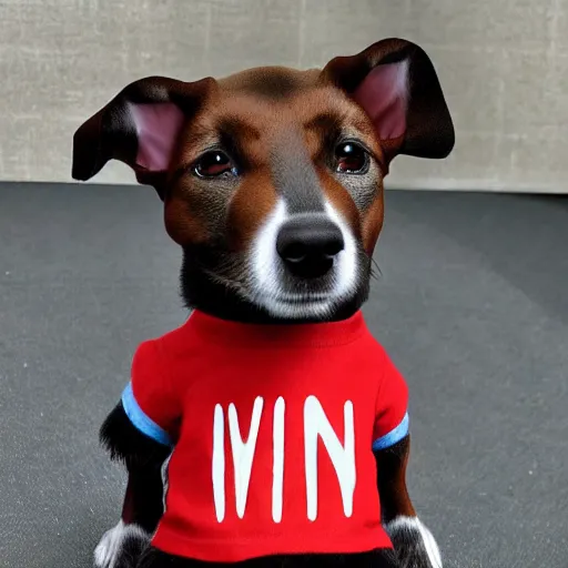 Image similar to a photorealistic dog character is wearing a shirt which writes'win'