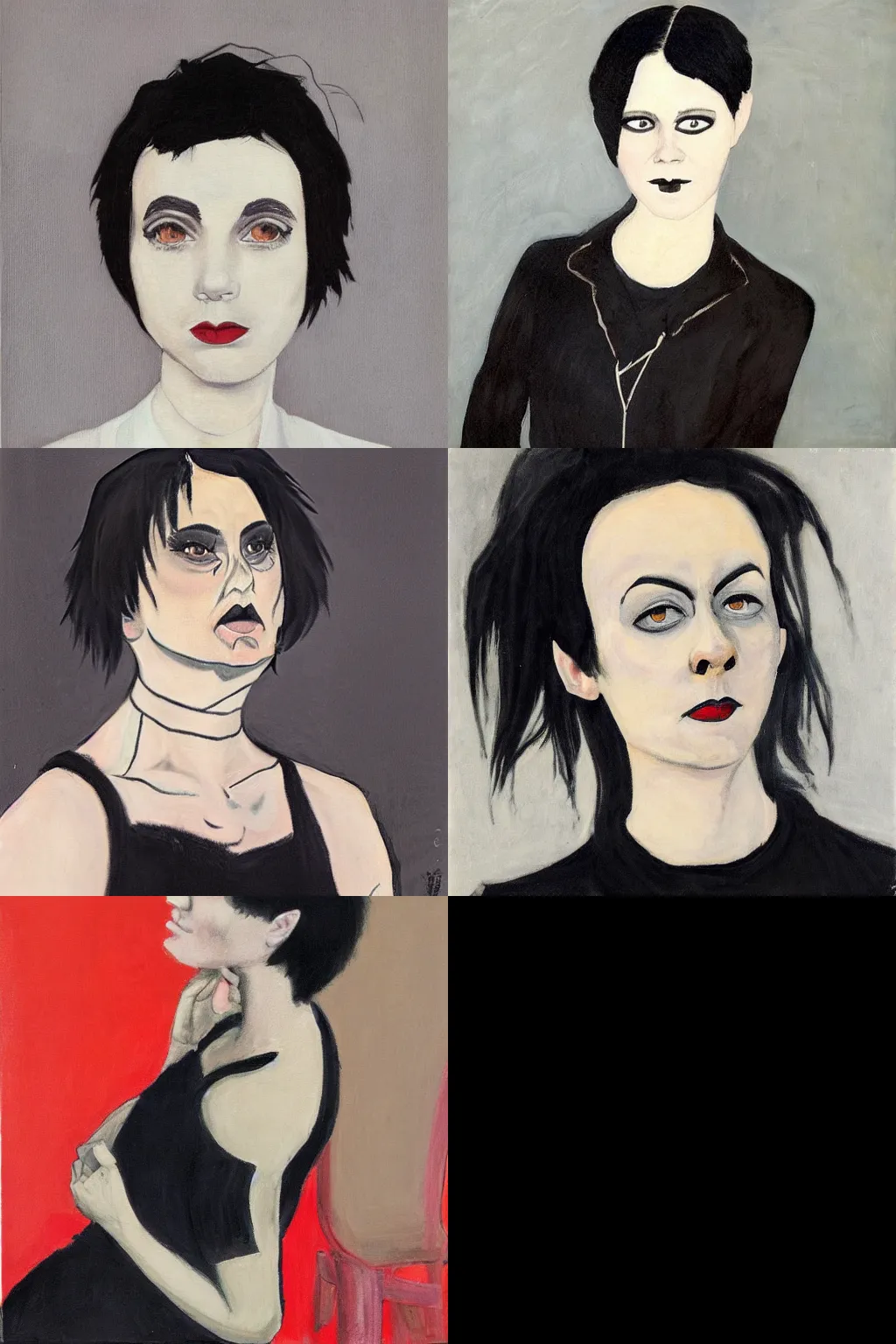 Prompt: a goth portrait painted by alvar aalto. her hair is dark brown and cut into a short, messy pixie cut. she has a slightly rounded face, with a pointed chin, large entirely - black eyes, and a small nose. she is wearing a black tank top, a black leather jacket, a black knee - length skirt, and a black choker.