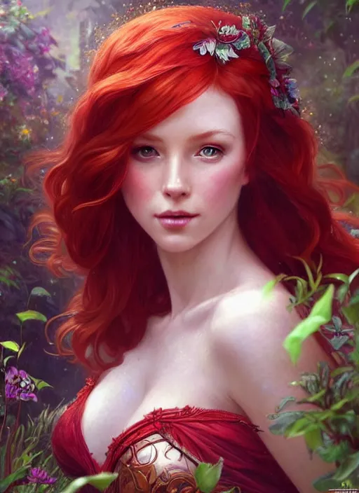 Image similar to a beautiful red haired woman as a fairy princess in a garden, deep focus, d & d, fantasy, intricate, elegant, highly detailed, digital painting, artstation, concept art, matte, sharp focus, illustration, hearthstone, art by artgerm and greg rutkowski and alphonse mucha