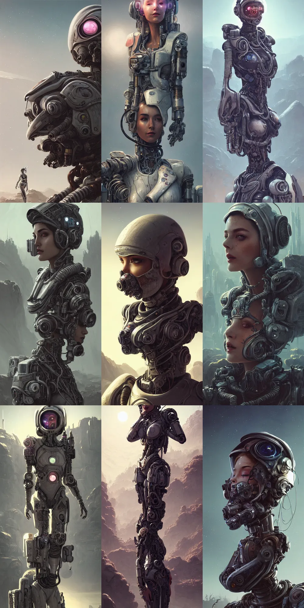 Prompt: ultra realistic style illustration, beautiful alluring nasa cyborg in an apocalyptic wasteland, gorgeous face, cyberpunk, sci - fi, fantasy, intricate, elegant, highly detailed, digital painting, artstation, concept art, smooth, sharp focus, illustration, art by mansik yang and rashed alakroka and simon stalenhag and wlop