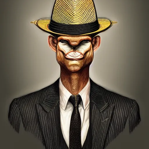 Image similar to a upper body portrait of a deer lord in a pinstriped suit and pants wearing a fedora with the antlers sticking out of the fedora by artgerm and wlop, intricate detail, digital art, photorealistic, trending on artstation