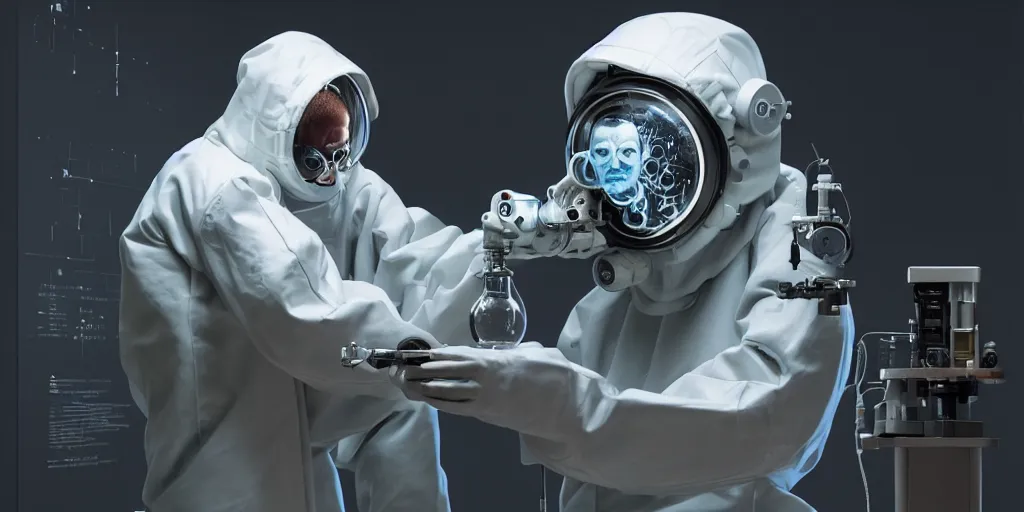 Prompt: hyperrealistic photography of a cyborg priest in a hazmat suit assisting a scientific machine in the style of Jin Kagetsu, patricia piccinini, James Jean and wlop, highly detailed, masterpiece, award-winning, sharp focus, intricate concept art, ambient lighting, 8k, artstation