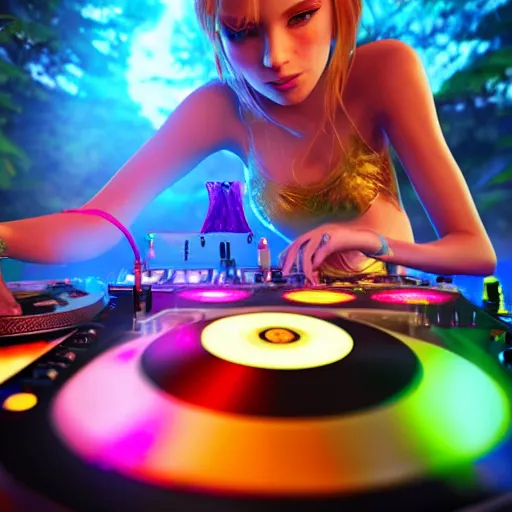 Image similar to a beautiful fairy dj playing turntables in a rave party at a magical forest, concept style trending on artstation concept art detailed octane render cinematic photo - realistic 8 k high detailed