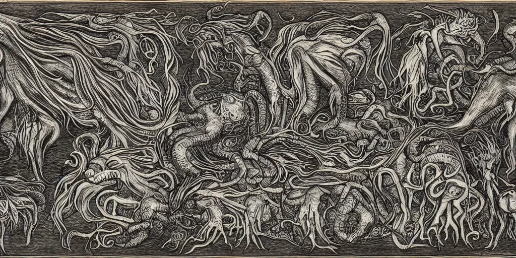 Prompt: detailing reference sheet of lovecraftian unnamed creatures in the style of copper plate etching