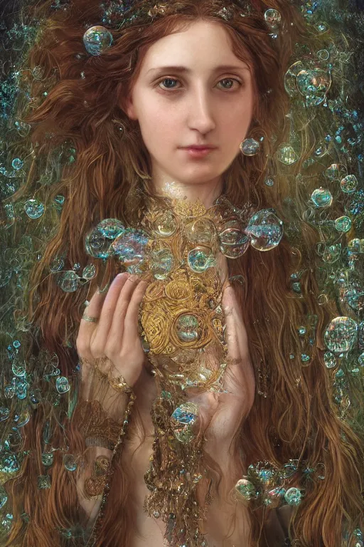 Image similar to An extremely beautiful pre-raphaelite ornate portrait of a very beautiful witch, surreal, ultradetailed, intricate, elegant, digital art painting, concept art, smooth, sharp focus, magazine art cover illustration, regal, award winning picture, extremely detailed masterpiece, sense of awe, featured on Artstation, Artgerm, winning award piece, ethereal bubbles, Aetherpunk, low-key neon lightning, stormy weather, Exquisite floral details, 8K detail post-processing, matte, oil painting