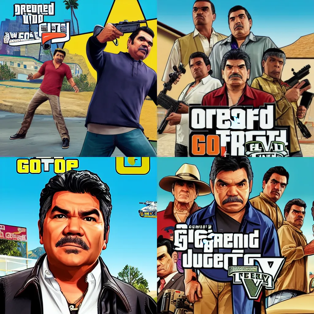 Prompt: George Lopez in GTA V cover, rockstar games, no text,