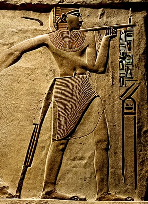 Image similar to ancient egyptian relief of a man shooting a bolt action rifle