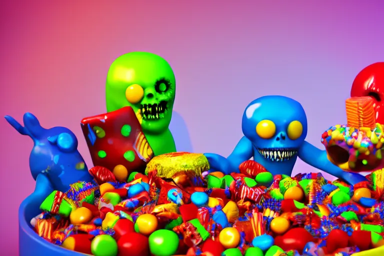 Image similar to 3 d render of a children's show full of candy, horror movie, octane render, 8 k