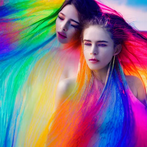 Image similar to filmstill photography of two female body suihouettes covered with curly white translucent blanket blowing in wind with rainbow pattern, acrylic liquid colors, luxurious supermodel photoshooting, golden jewelry, bokeh, godrays, strong wind, wrinkles, sunrays, sunset, lens flares, cold colors, sand dunes