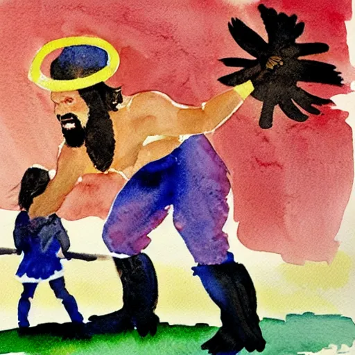 Image similar to watercolour, brightly colored, depicting randy savage hurling a small child into the sky