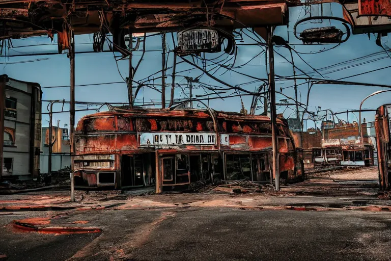 Image similar to low wide angle shot of dilapidated fallout 5, desolate, dilapidated neon signs, few rusted retro futuristic vintage parked vehicles like cars, ( ( ( buses, trucks, trams ) ) ), volumetric lighting, photorealistic, sunny, early evening, golden hour, autumn, sharp focus, ultra detailed, 4 0 0 0 k