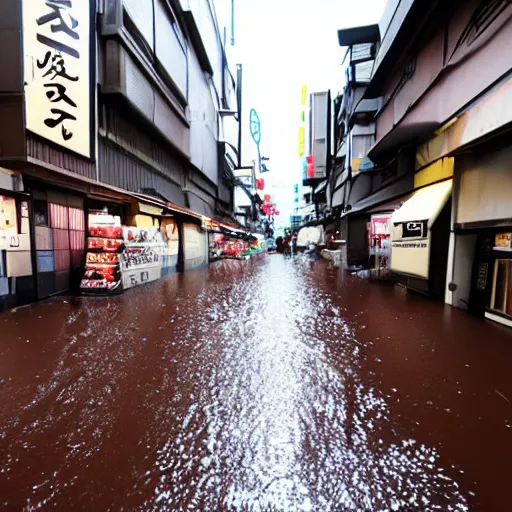 Prompt: an chocolate liquid melting from sky and flooding the street of tokyo