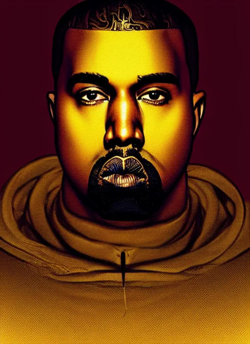 Image similar to symmetry!! portrait of kanye west, tech wear, glowing lights!! intricate, elegant, highly detailed, digital painting, artstation, concept art, smooth, sharp focus, illustration, art by artgerm and greg rutkowski and alphonse mucha