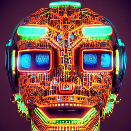 Prompt: a detailed vcyberpunk aztec rococo robot head wearing multicolored wires and headphone, 8 k, front view, symetrical, flourescent colors, halluzinogenic, multicolored, exaggerated detailed, front shot, 3 d render, octane