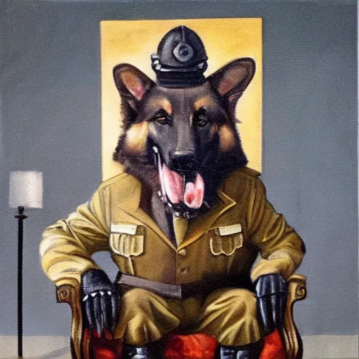 Image similar to a oil painting of a anthropomorphic german shepherd beast - man, wearing military outfit, sitting on an armchair