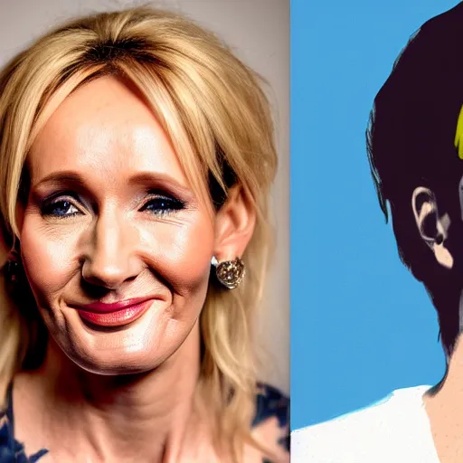 Image similar to Portrait till photograph of JK Rowling smiling in front of the transgender flag, detailed, textured, medium shot, mid-shot, trending on Artstation