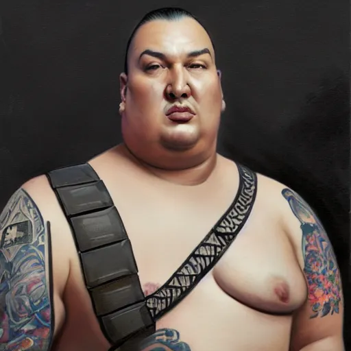 Prompt: tattoo design, a professional painting of a beautiful young obese steven seagal, partially clothed in battle armor, olive skin, long dark hair, beautiful bone structure, symmetrical facial features, intricate, elegant, digital painting, concept art, smooth, sharp focus, illustration, from Metal Gear, by Ruan Jia and Mandy Jurgens and Greg Rutkowski and Artgerm and William-Adolphe Bouguerea and artgerm, cat girl, anime