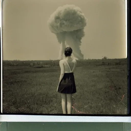 Prompt: an aged polaroid photo of a young woman seen from behind, a nuclear bomb explosion in the horizon, high contrast, film grain, color bleed