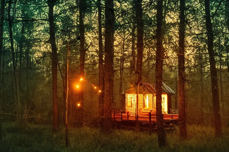 Prompt: dusk forest glass-walled cozy cottage in summer with lightning bugs tilt shift, Cinematic, wildlife photography, 35mm, photo on iphone