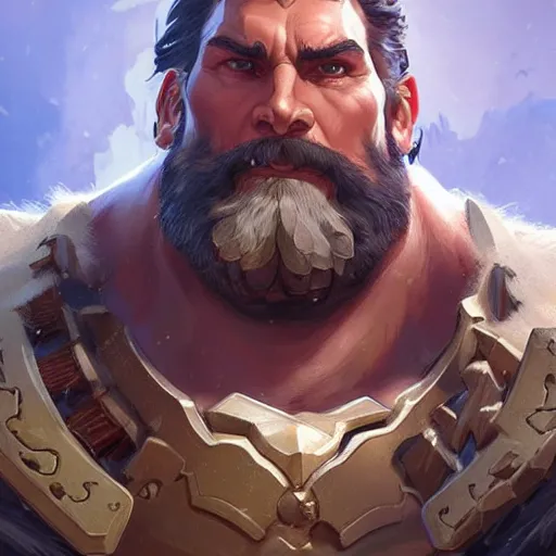 Image similar to high fantasy character portrait of a huge muscular tall giant Reinhardt from Overwatch, intricate, wild, highly detailed, digital painting, artstation, upper body, concept art, smooth, sharp focus, illustration, art by artgerm and greg rutkowski and alphonse mucha