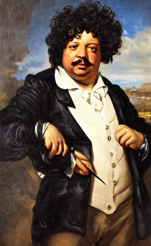 Image similar to Portrait of Alexandre Dumas, oil on canvas, highly detailed, by Delacroix, 8k