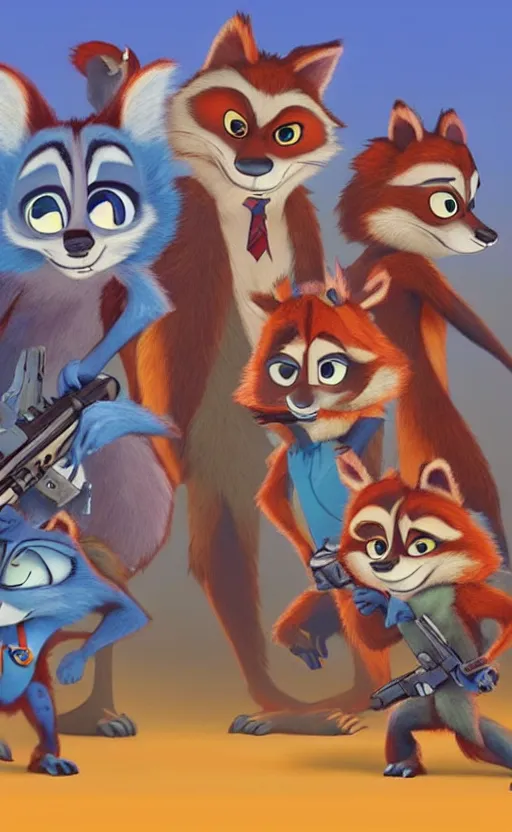 Image similar to “red racoons facing off with blue racoons in the style of zootopia, they’re all holding a laser gun”