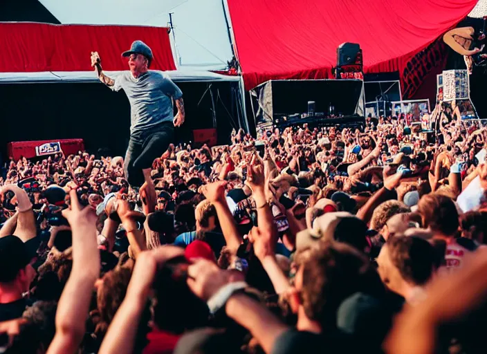 Image similar to photo still of tom hanks at vans warped tour!!!!!!!! at age 4 5 years old 4 5 years of age!!!!!!! stage diving into a crowd, 8 k, 8 5 mm f 1. 8, studio lighting, rim light, right side key light