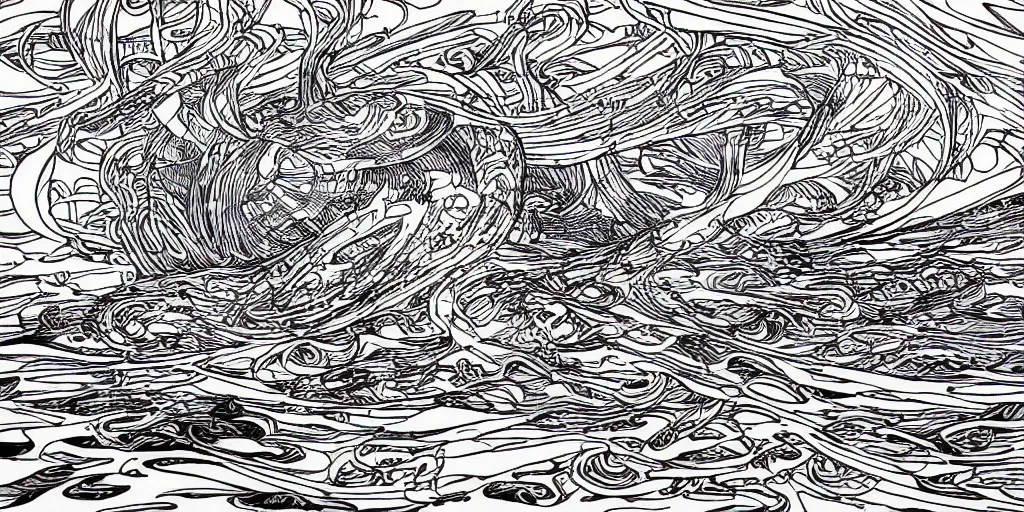 Image similar to open sea by Moebius, black and white, fine lines, hyper detailed