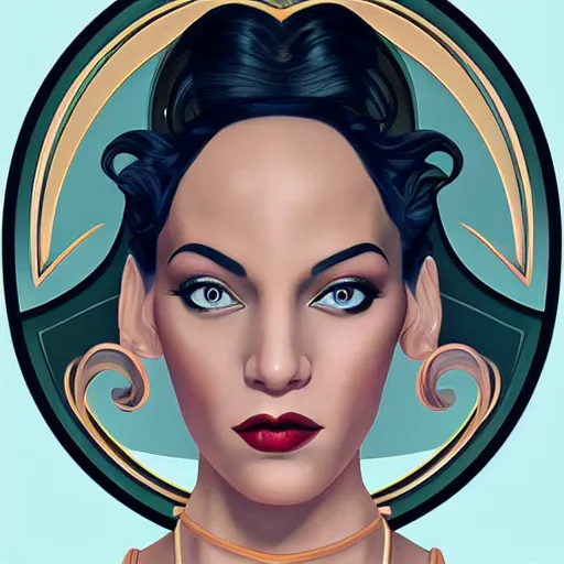 Image similar to an art nouveau, ( streamline moderne ), multi - racial portrait in the style of magali villenueve. very large, clear, expressive, and intelligent eyes. centered, ultrasharp focus, dramatic lighting, photorealistic digital matte painting, intricate symmetrical ultra detailed background.