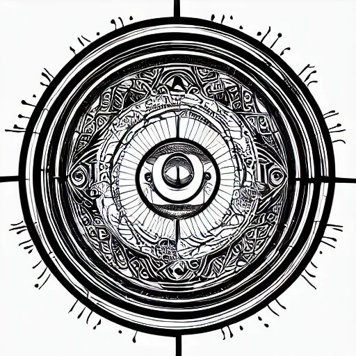 Image similar to 2 d techno buddah dreaming of the ying yang in front of concentric geometric radial sun portal with ancient wuji symbols embedded within it, black fine lines, ornate details, hyper realism, yoshitaka amano, alphonse mucha