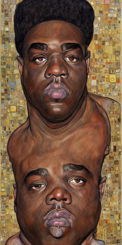 Image similar to a full body portrait of biggie smalls in style of egon schiele, herakut and gustav klimt, masterpiece, hyperdetailed, complex, intricate, 4 k, trending on artstation