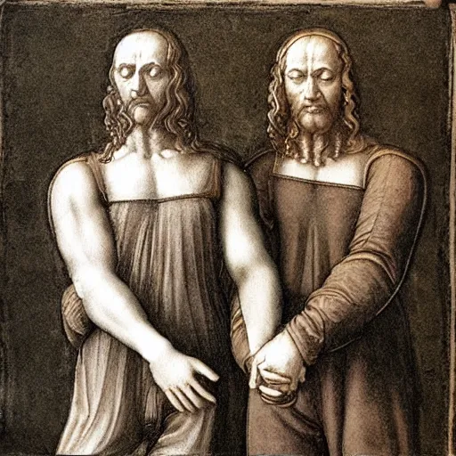 Prompt: realistic academic sketch of two renaissance men holding hands in the style of Leonardo Da Vinci