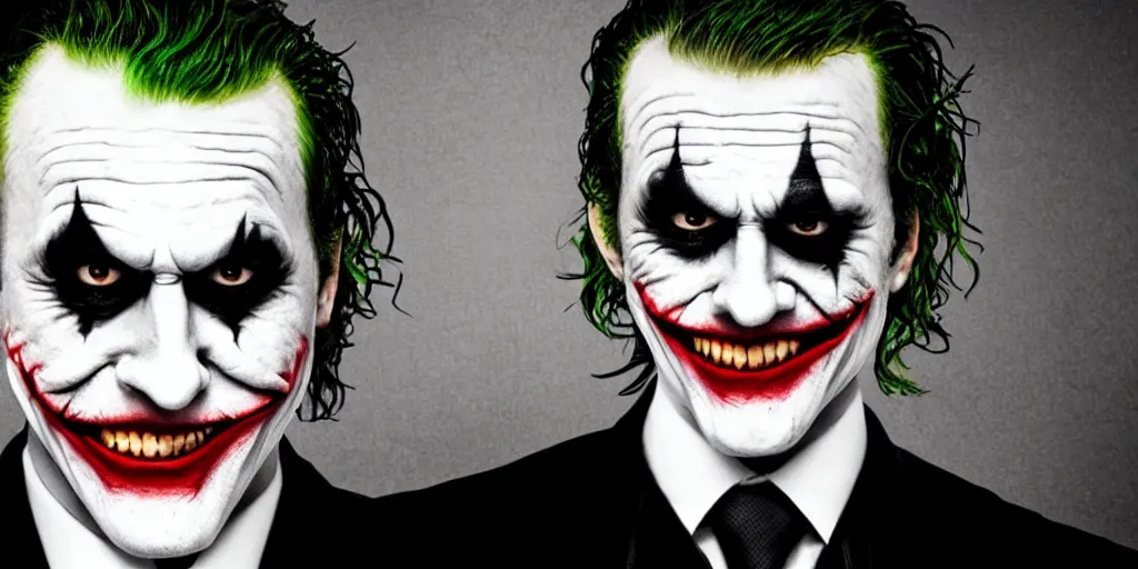 Image similar to joker wearing a suit style, photograph, grinning, creepy,