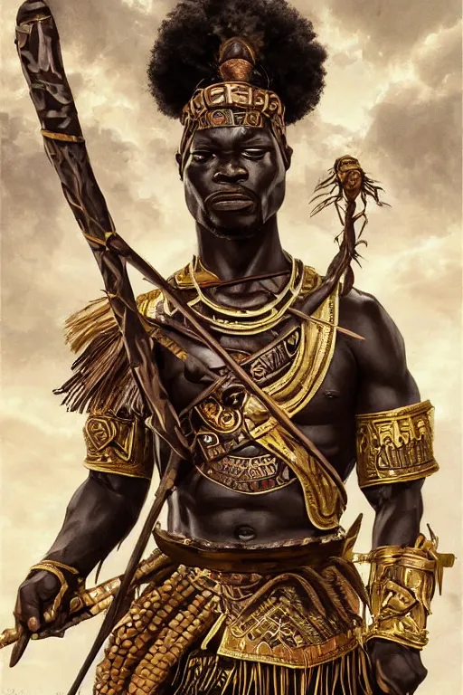 Prompt: ogun with a great spear, African warrior deity with tribal marking and golden armor, orisha God hunters and craftsmen, strong masculine features, menacing cinematic mid portrait, digital illustration, octane render trending on arstation by artgerm, raphaelite and mucha