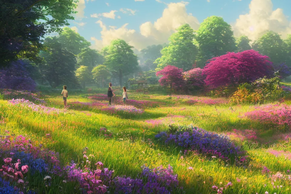 Prompt: Rendering of a scene with a meadow full of colorful flowers, by Makoto Shinkai and Thomas Kinkade, fantasy matte painting, trending on cgsociety and unreal engine, calm, volumetric lighting, highly detailed, super wide angle