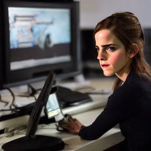 Prompt: ungroomed and angry Emma Watson on her computer playing World of Warcraft