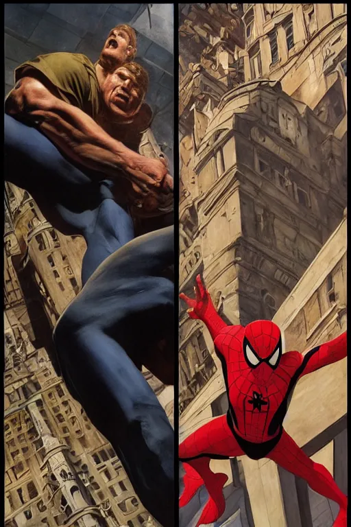 Image similar to upper body and head portrait of ray winstone as spiderman against simple background, by alex ross and jack kirby and sergey kolesov and jason fabok and lawrence alma tadema and norman rockwell and greg staples and rick berry and jeremy man