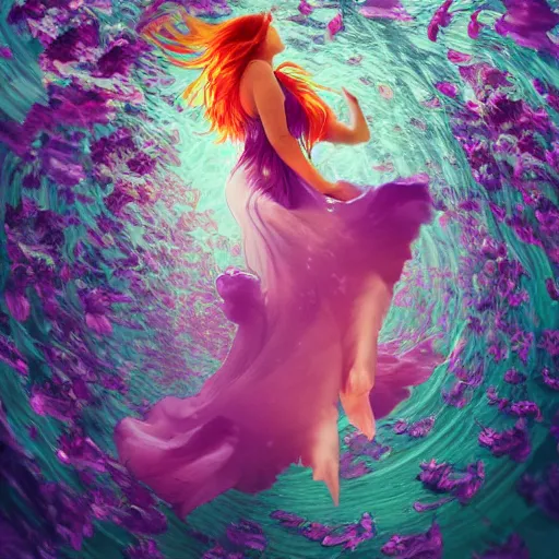 Prompt: Ginger woman in a swirling sundress of flowers, underwater, floral explosion, radiant light, vortex of plum petals, by WLOP, Tristan Eaton and artgerm, artstation, deviantart