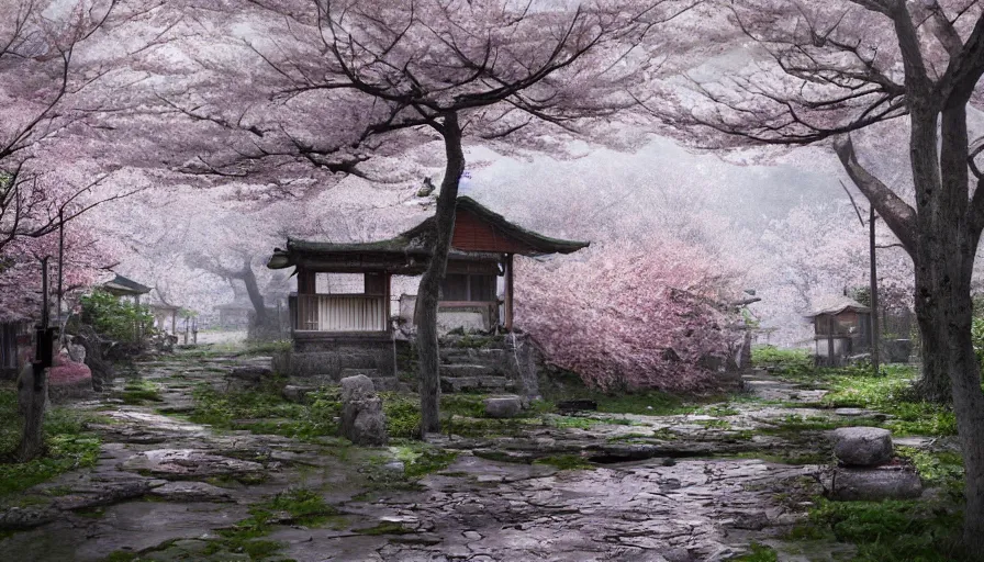 Prompt: abandoned japanese village, cherry blossoms, rainy day, hyperdetailed, artstation, cgsociety, 8 k